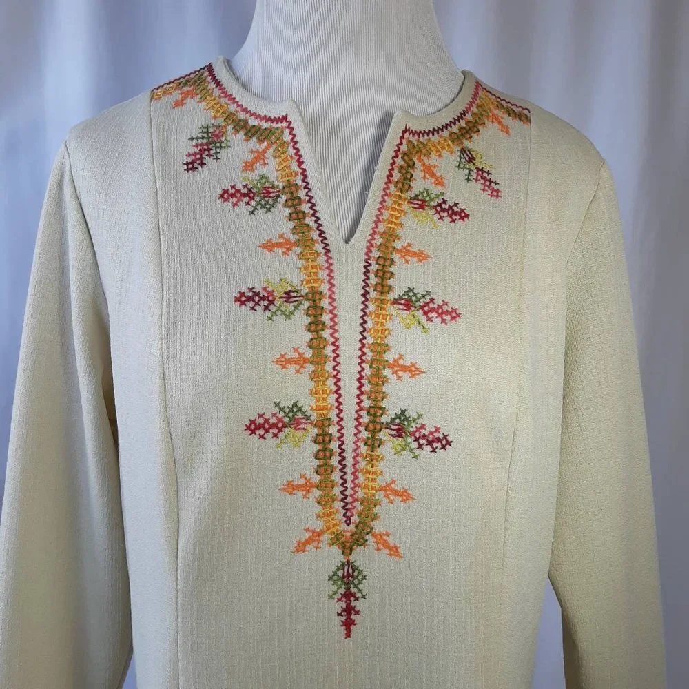 Vtg 60s 70s Berkshire B Tween Fall Embroidered Hippy Boho Shift Midi Dress - Picture 2 of 10